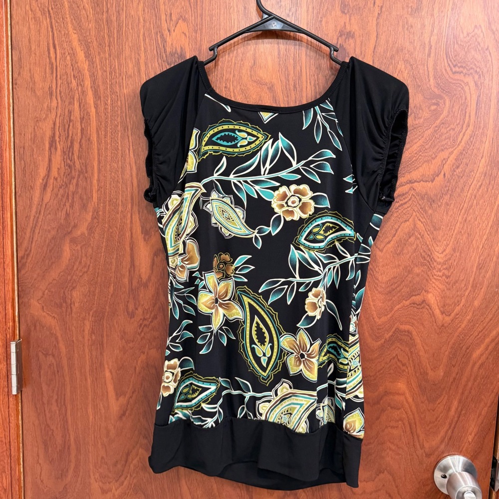 Agenda Floral Paisley Print Top Cap Sleeve Black Green Brown‎ - Picture 3 of 6